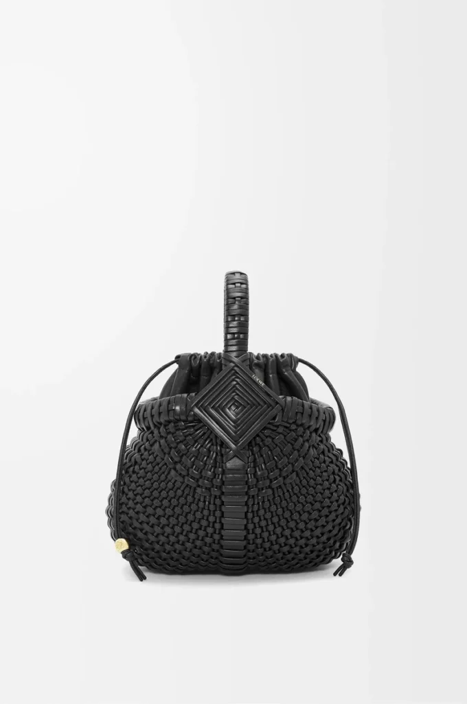Borsa Mini Diamond Round Basket in pelle di vitello Nero