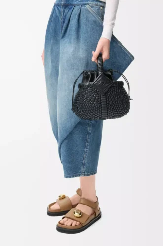 Borsa Mini Diamond Round Basket in pelle di vitello Nero Borsa Mini Diamond Round Basket in pelle di vitello Nero