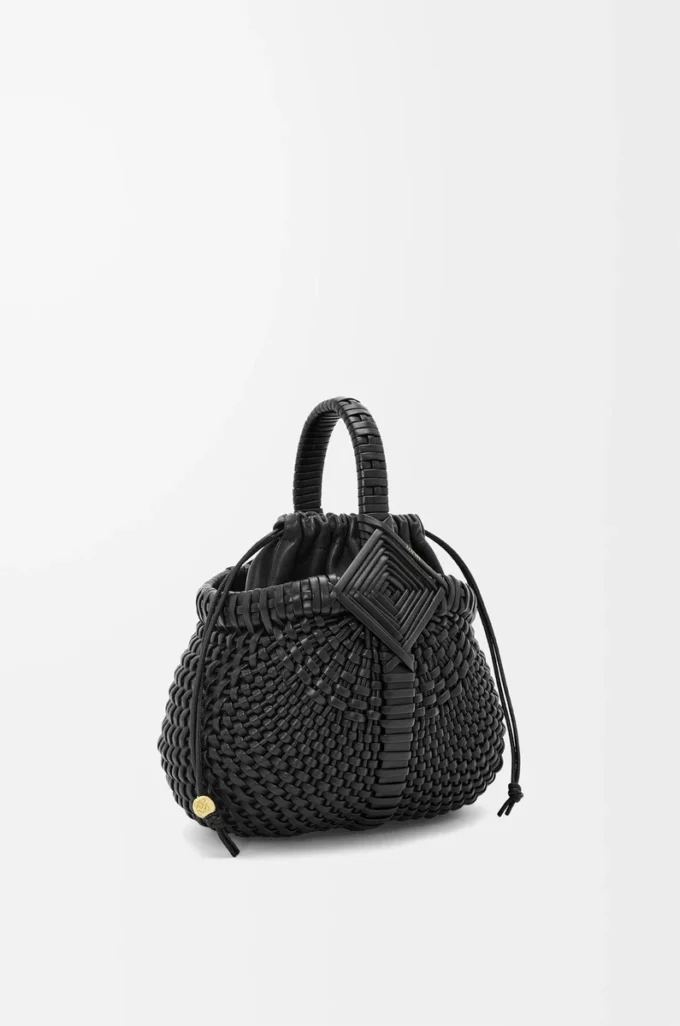 Borsa Mini Diamond Round Basket in pelle di vitello Nero