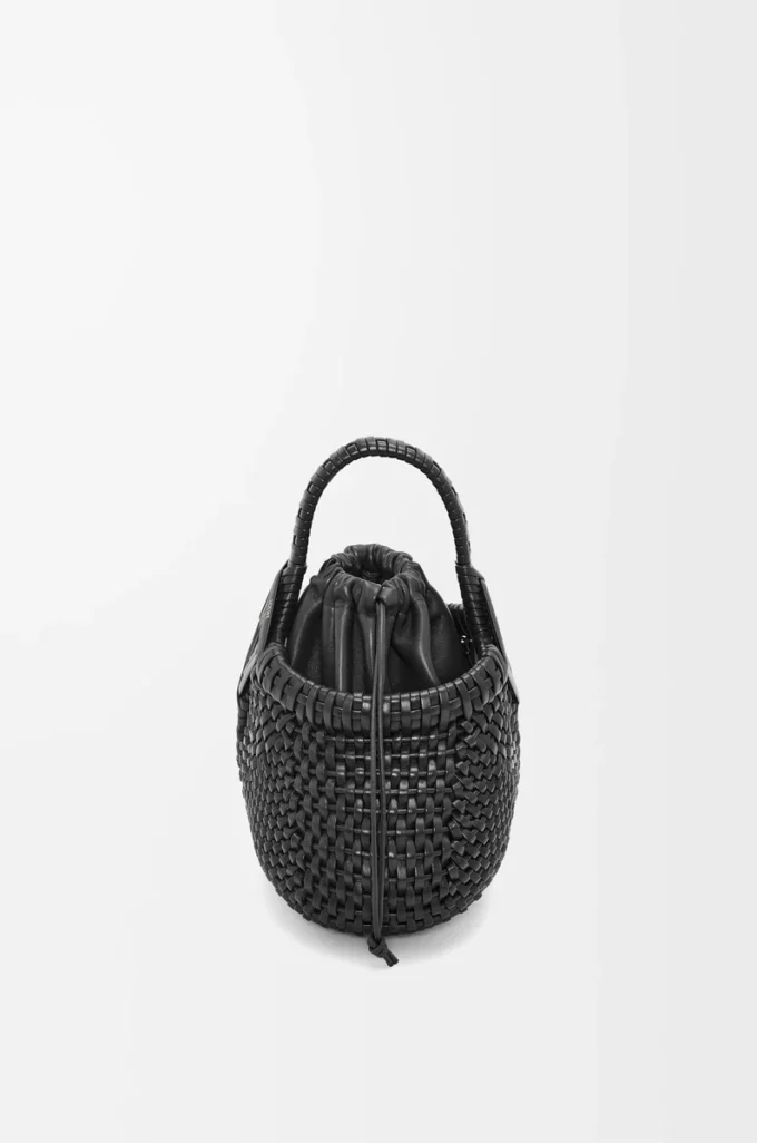 Borsa Mini Diamond Round Basket in pelle di vitello Nero