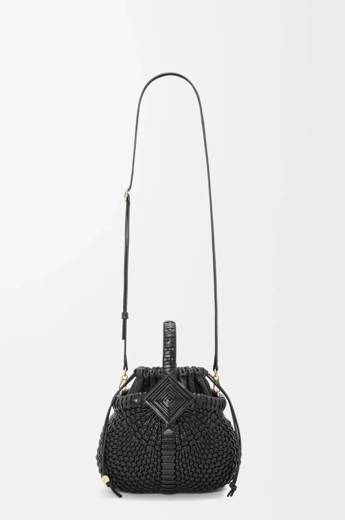 Borsa Mini Diamond Round Basket in pelle di vitello Nero