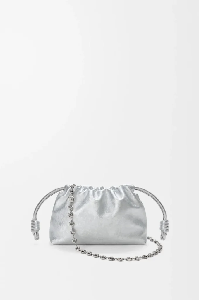 Borsa Mini Flamenco in pelle di vitello stampata moiré Argento