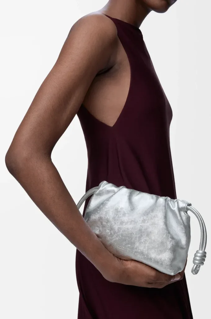 Borsa Mini Flamenco in pelle di vitello stampata moiré Argento