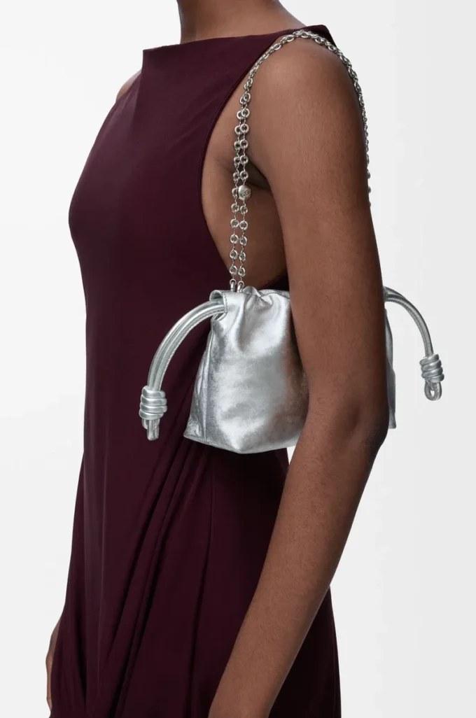 Borsa Mini Flamenco in pelle di vitello stampata moiré Argento