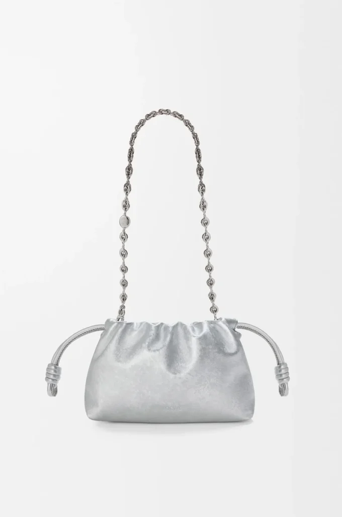 Borsa Mini Flamenco in pelle di vitello stampata moiré Argento