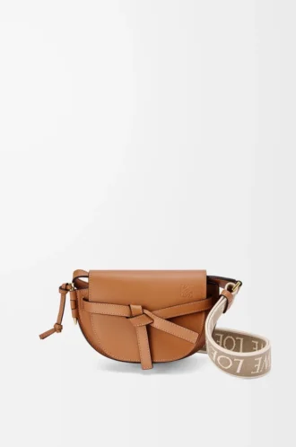 Borsa Mini Gate Dual in morbida pelle di vitello e jacquard marrone chiaro