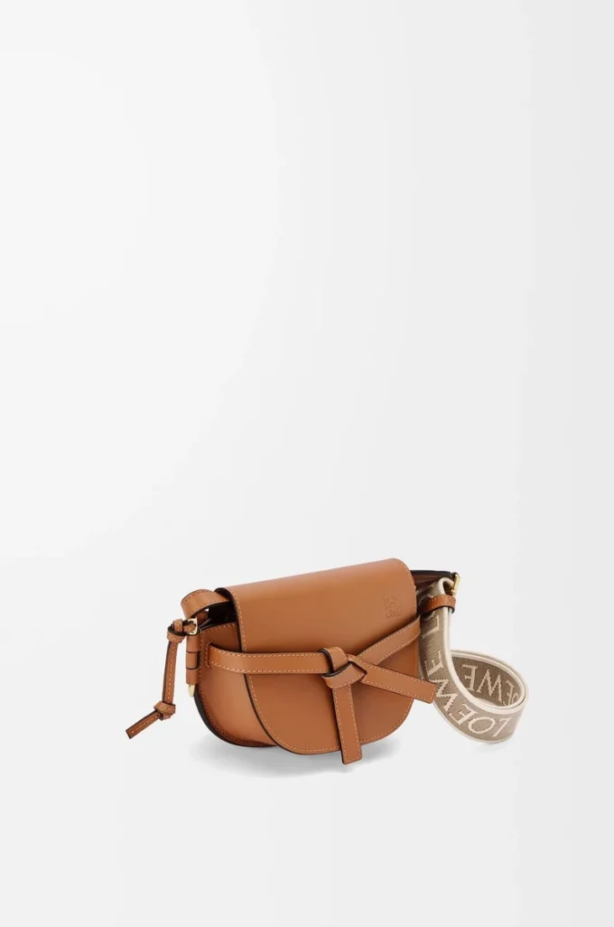 Borsa Mini Gate Dual in morbida pelle di vitello e jacquard marrone chiaro Borsa Mini Gate Dual in morbida pelle di vitello e jacquard marrone chiaro