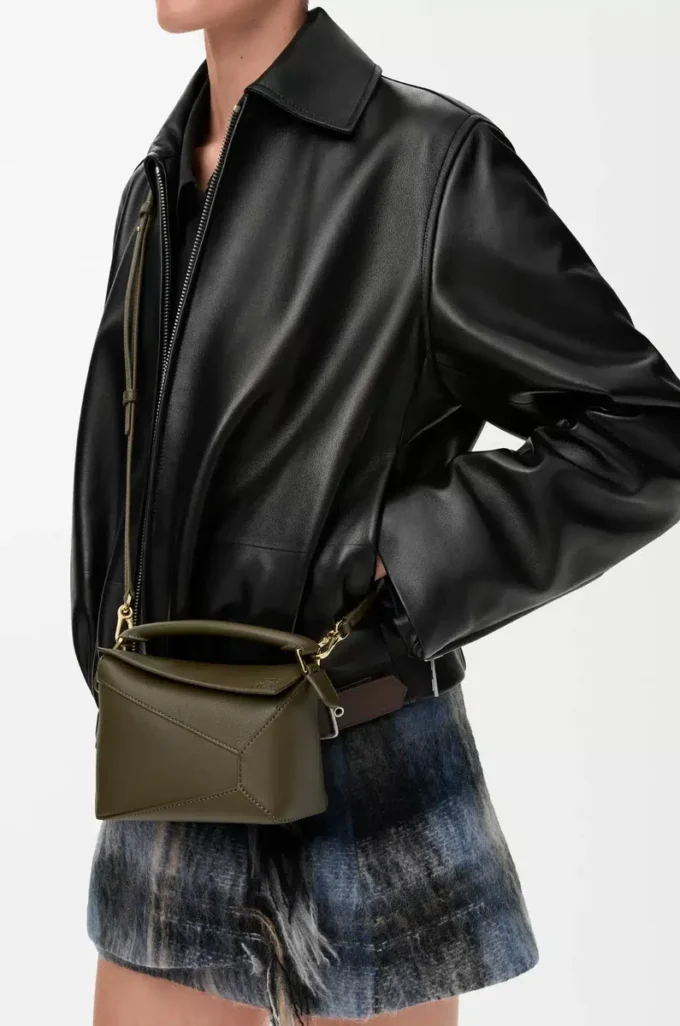 Borsa Mini Puzzle Edge in pelle di vitello classica Dark Khaki