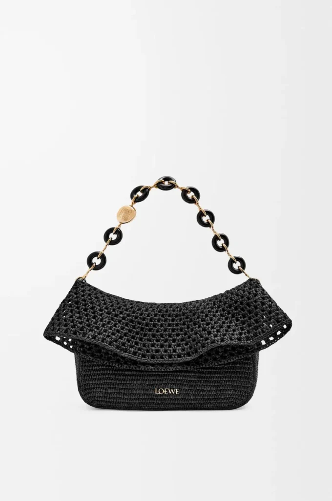 Borsa Ola media in rafia e pelle di vitello nera