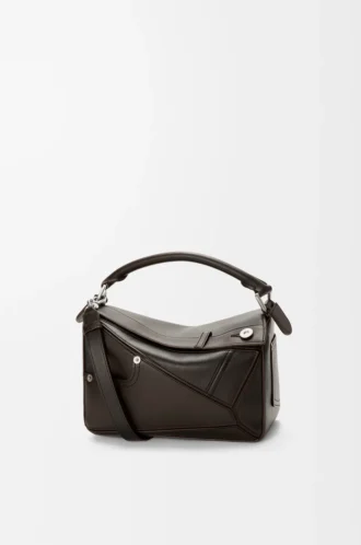 Borsa Panta piccola Puzzle in pelle di vitello lucida marrone vintage