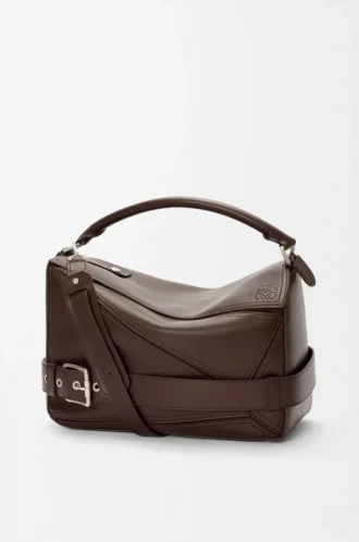 Borsa Puzzle Biker grande in pelle di vitello lucida Dark Chestnut