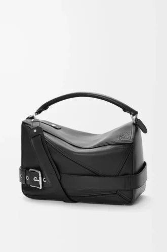 Borsa Puzzle Biker grande in pelle di vitello lucida nera