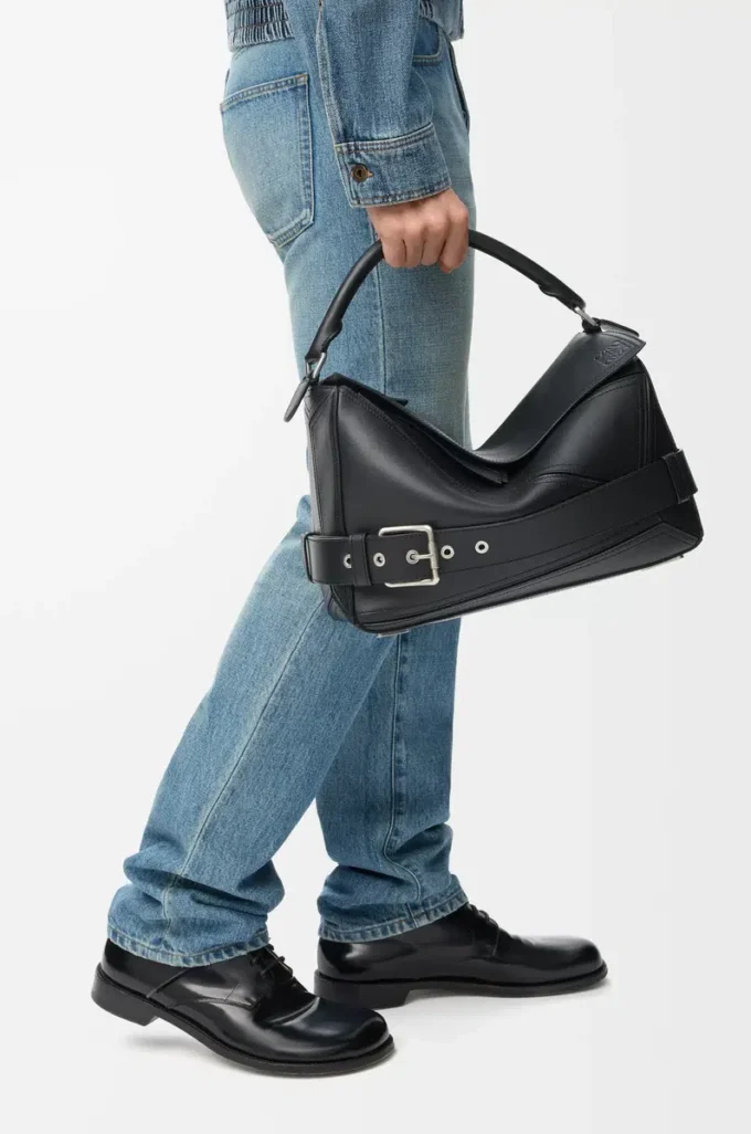 Borsa Puzzle Biker grande in pelle di vitello lucida nera Borsa Puzzle Biker grande in pelle di vitello lucida nera