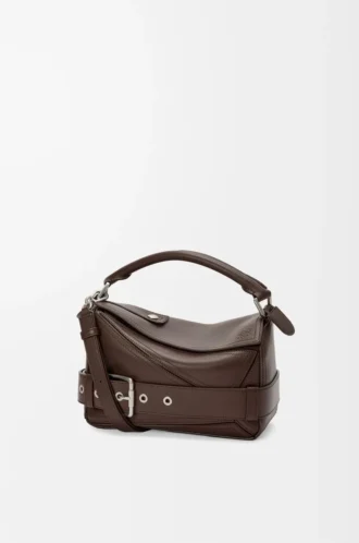 Borsa Puzzle Biker piccola in pelle di vitello lucida Dark Chestnut