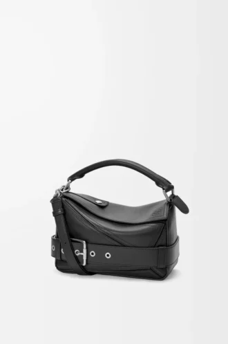 Borsa Puzzle Biker piccola in pelle di vitello lucida nera