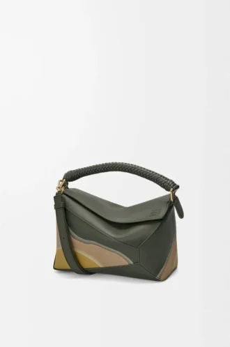 Borsa Puzzle Edge Landscape piccola in pelle di vitello nappa verde bottiglia/ocra