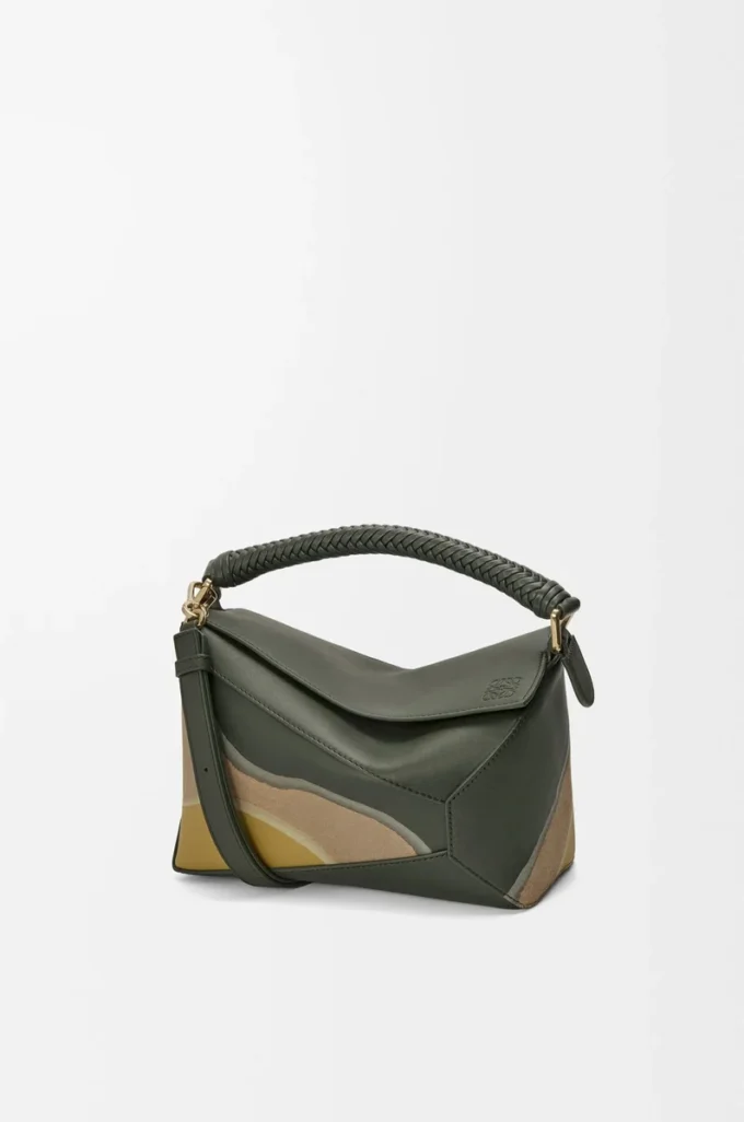 Borsa Puzzle Edge Landscape piccola in pelle di vitello nappa verde bottiglia/ocra Borsa Puzzle Edge Landscape piccola in pelle di vitello nappa verde bottiglia/ocra
