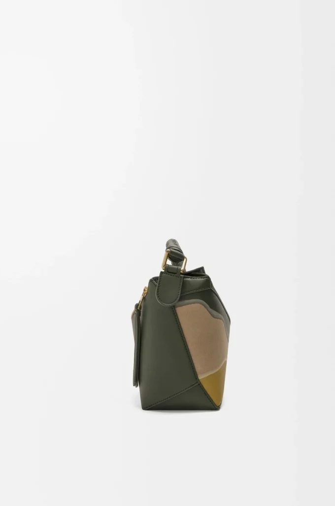 Borsa Puzzle Edge Landscape piccola in pelle di vitello nappa verde bottiglia/ocra Borsa Puzzle Edge Landscape piccola in pelle di vitello nappa verde bottiglia/ocra