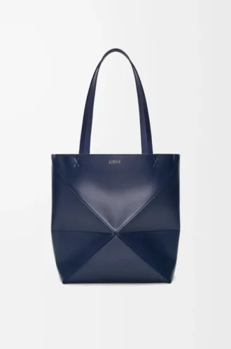 Borsa Puzzle Fold media in pelle di vitello lucida blu abisso