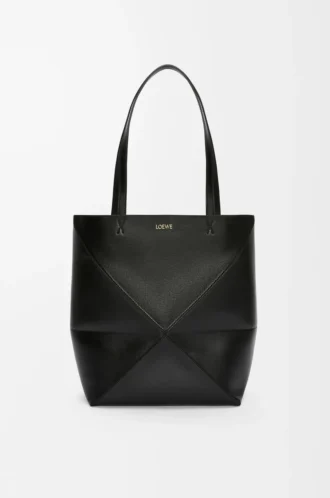 Borsa Puzzle Fold media in pelle di vitello lucida nera