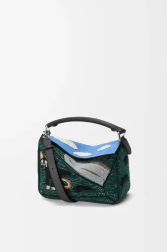 Borsa Puzzle Futurist Cat piccola in maglia ricamata e pelle di vitello classica Multicolor Verde Borsa Puzzle Futurist Cat piccola in maglia ricamata e pelle di vitello classica Multicolor Verde