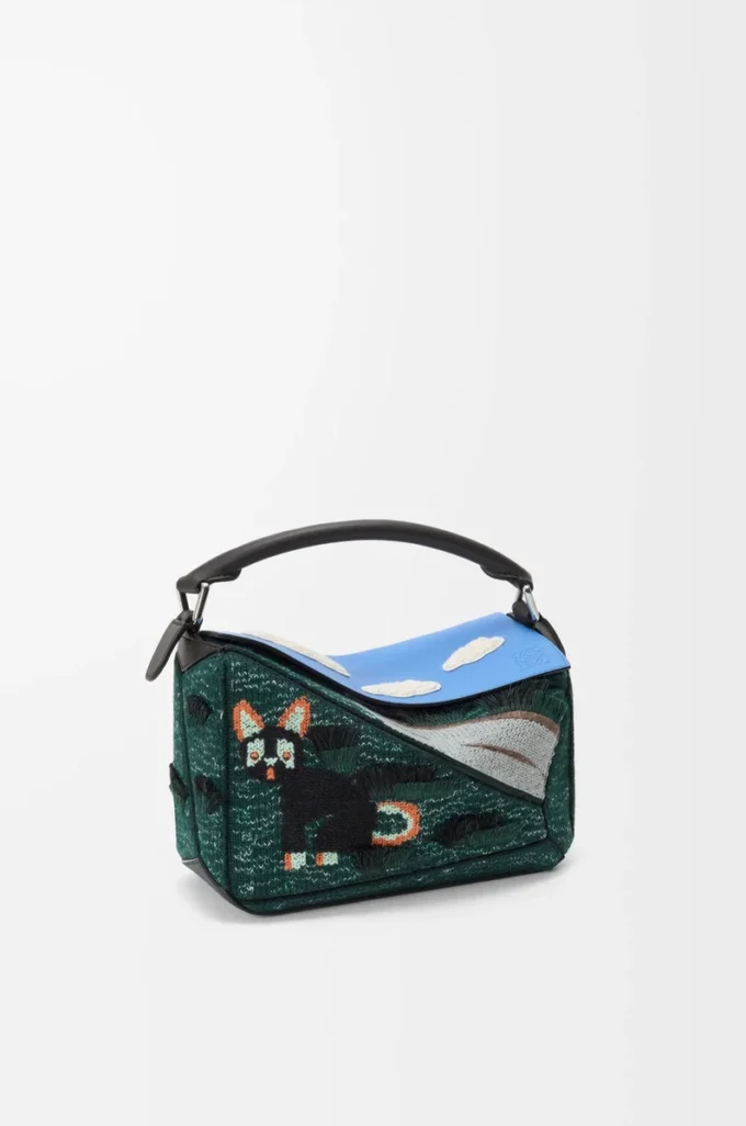 Borsa Puzzle Futurist Cat piccola in maglia ricamata e pelle di vitello classica Multicolor Verde