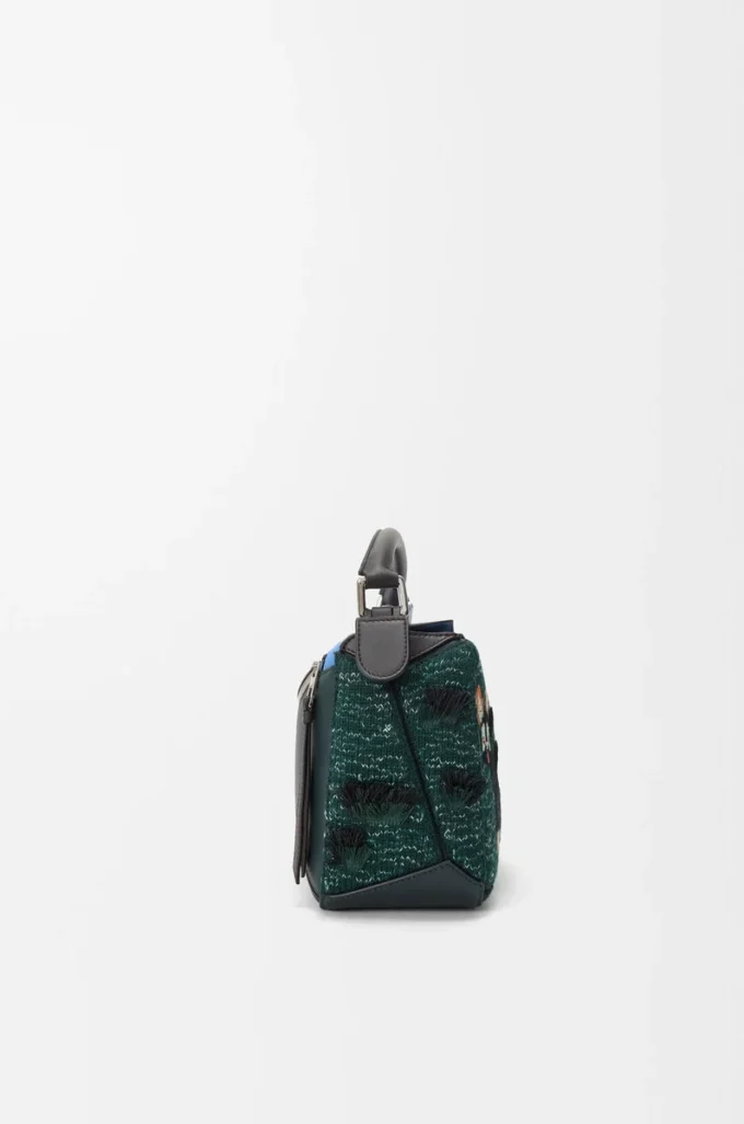 Borsa Puzzle Futurist Cat piccola in maglia ricamata e pelle di vitello classica Multicolor Verde