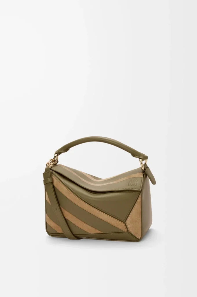 Borsa Puzzle piccola in pelle di vitello classica e pelle scamosciata Oliva/Oro Borsa Puzzle piccola in pelle di vitello classica e pelle scamosciata Oliva/Oro