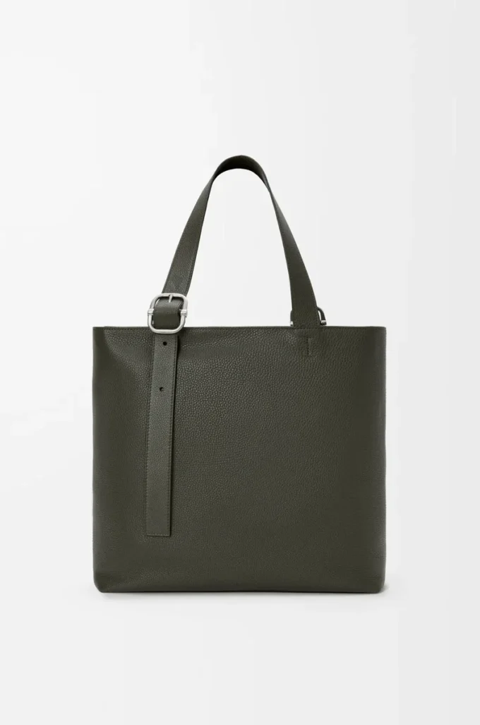 Borsa tote con chiusura a zip Loop in morbida pelle di vitello martellata Dark Khaki