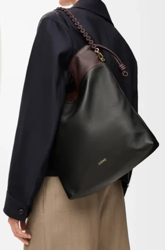 Borsa tote Flamenco in morbida pelle di agnello nappa Nero/Castagna scuro