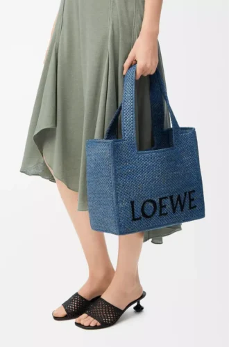 Borsa tote LOEWE Font media in rafia Azzurro