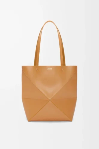 Borsa tote Puzzle Fold media in pelle di vitello lucida Warm Desert