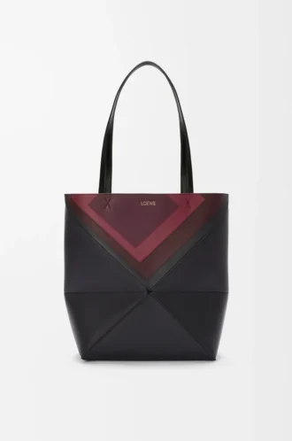 Borsa tote Puzzle Fold media in pelle di vitello nappa Nero/Borgogna