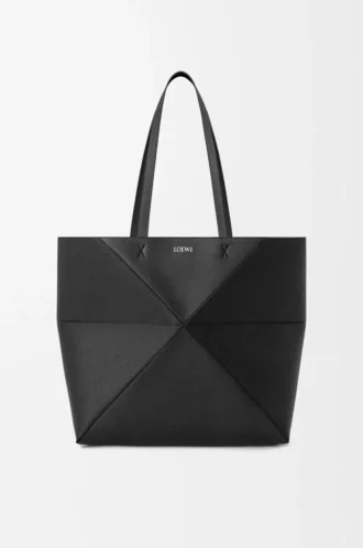 Borsa tote Puzzle Fold orizzontale media in morbida pelle di vitello martellata Nero