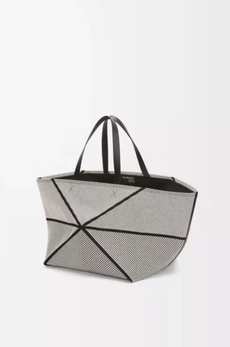 Borsa tote Puzzle Fold XXL in tela jacquard e pelle di vitello Natural/Black