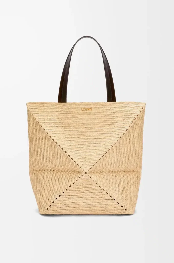 Borsa XL Puzzle Fold in rafia Natural/Black
