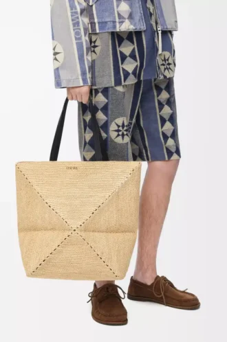 Borsa XL Puzzle Fold in rafia Natural/Black