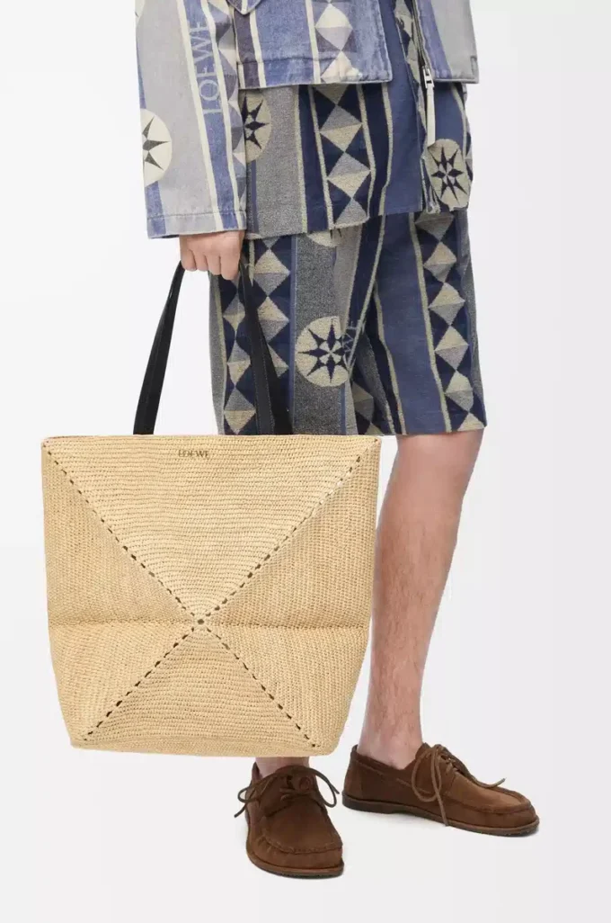 Borsa XL Puzzle Fold in rafia Natural/Black