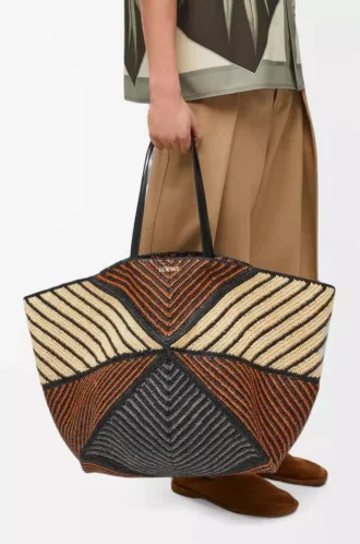 Borsa XXL Puzzle Fold in rafia Naturale/Miele dorato