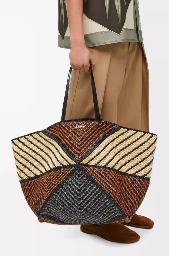 Borsa XXL Puzzle Fold in rafia Naturale/Miele dorato