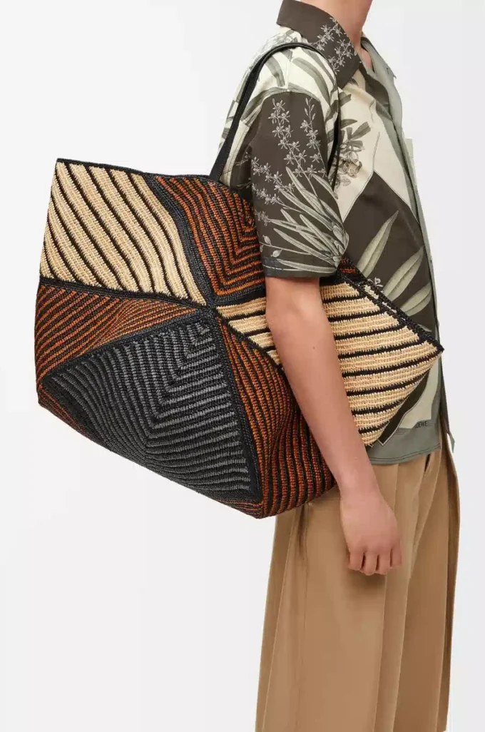 Borsa XXL Puzzle Fold in rafia Naturale/Miele dorato