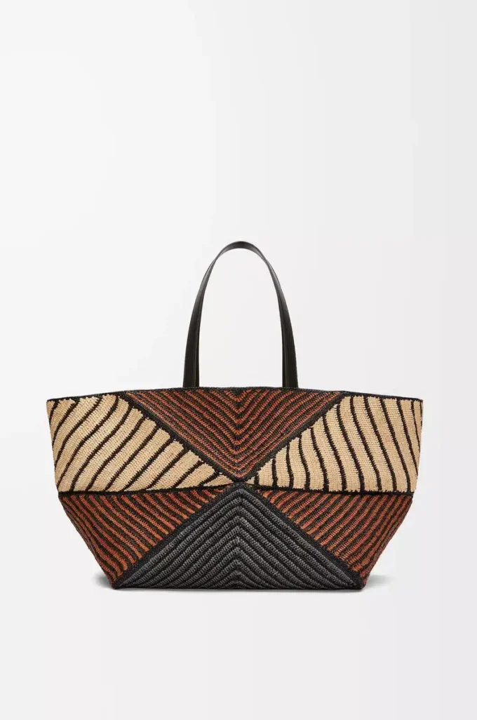 Borsa XXL Puzzle Fold in rafia Naturale/Miele dorato