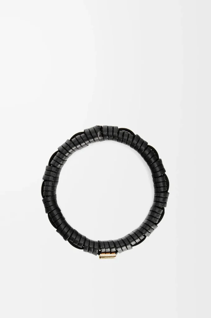 Bracciale intrecciato in ottone e pelle di vitello classica Nero