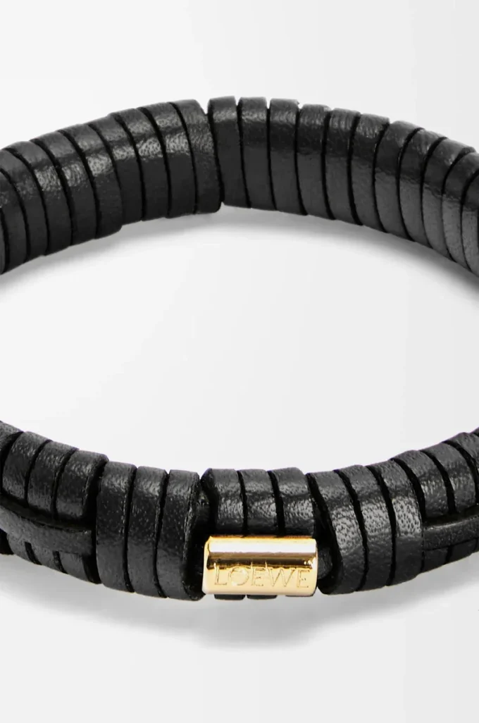 Bracciale intrecciato in ottone e pelle di vitello classica Nero