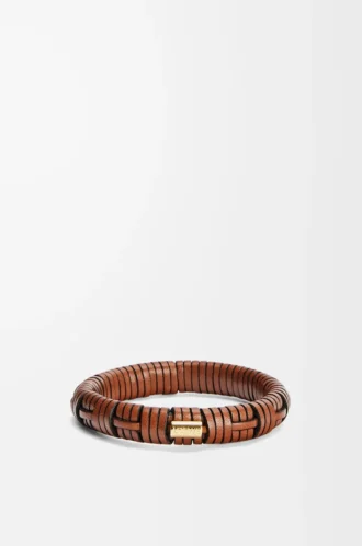 Bracciale intrecciato in ottone e pelle di vitello classica Tan