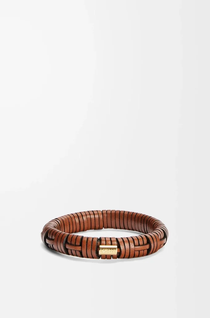Bracciale intrecciato in ottone e pelle di vitello classica Tan