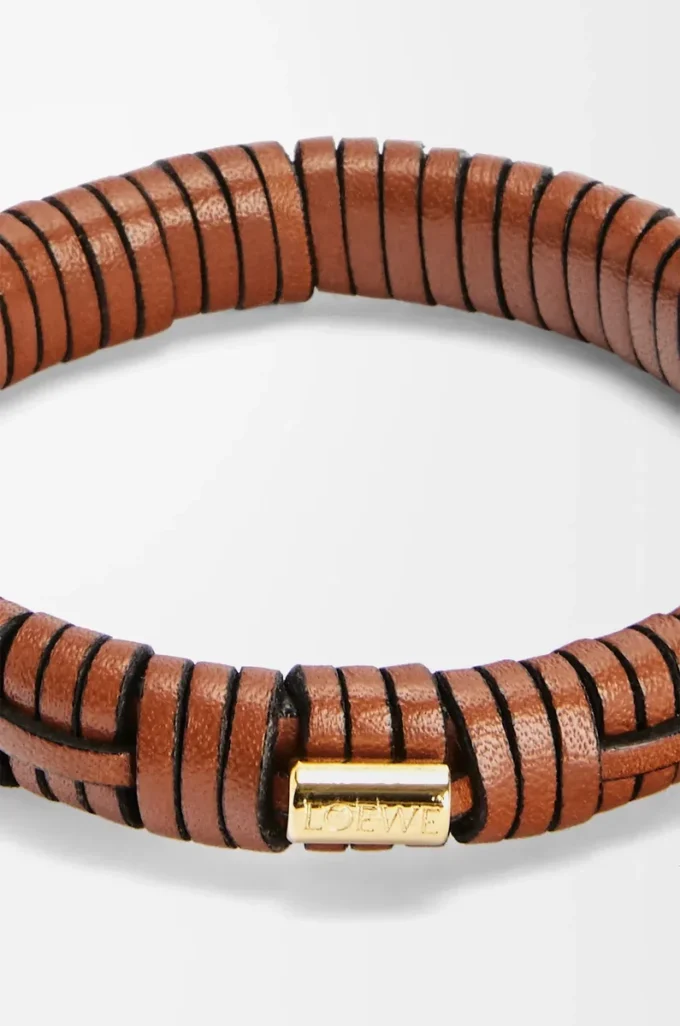 Bracciale intrecciato in ottone e pelle di vitello classica Tan