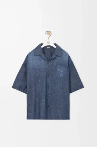 Camicia a maniche corte in cotone blu lavato