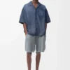 Camicia a maniche corte in cotone blu lavato