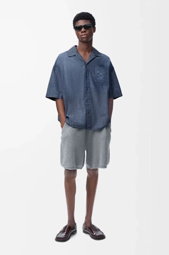 Camicia a maniche corte in cotone blu lavato